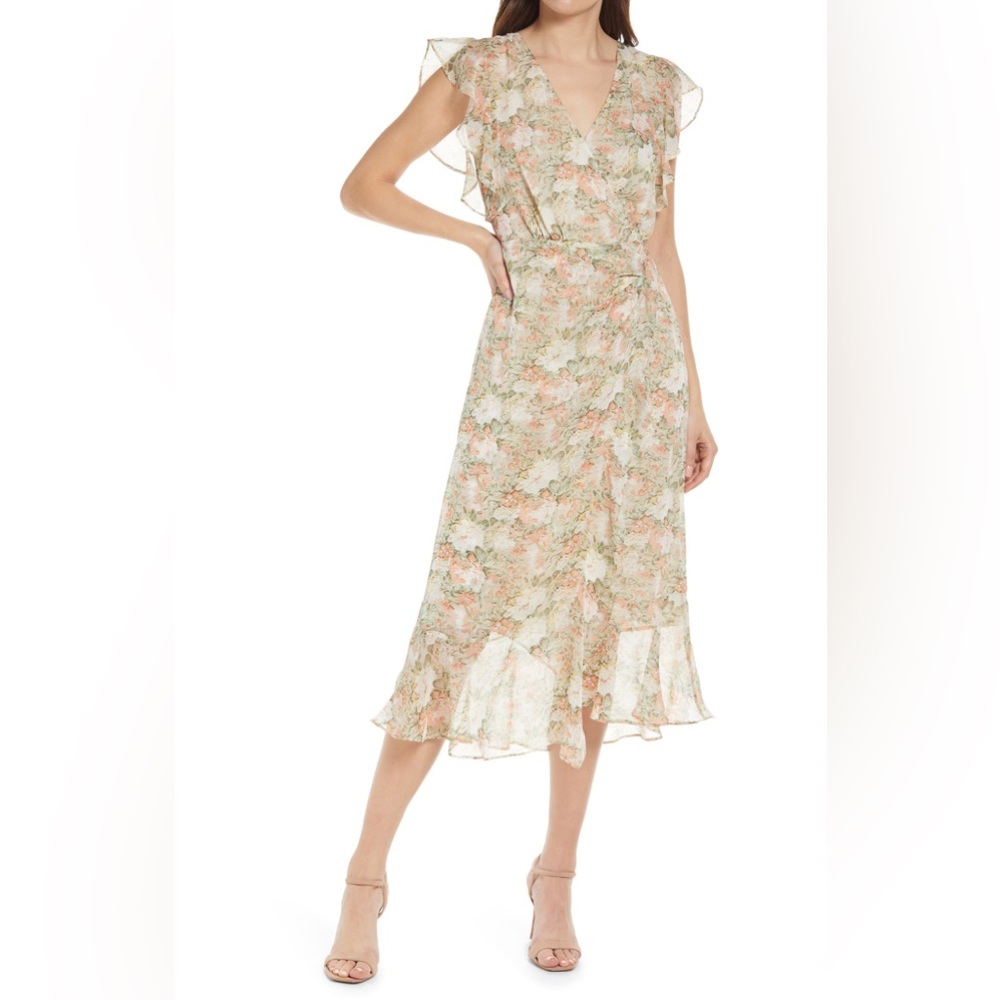 FLORET STUDIOS Floral Surplice Neck Midi Dress in Cream Coral